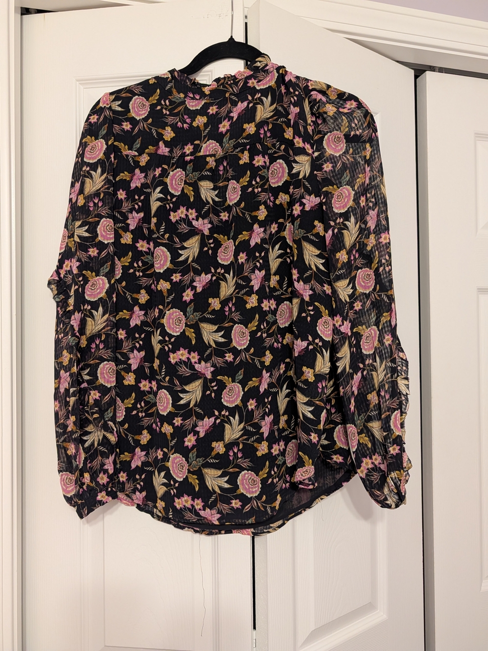 LOFT Black Floral Split-Neck Long Sleeve Blouse - Pink & Cream Roses - Picture 2 of 3